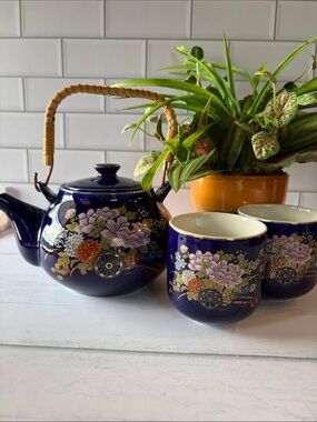 Cobalt Floral Ceramic Tea Set - 3 Piece Decorative Cups & Teapot